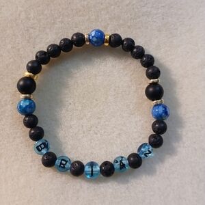 NWT Handcrafted Men's Blue and Black Lava and Chakra Beaded Bracelet w/ Gold